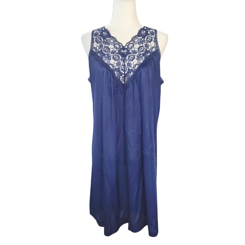 Vassarette Vintage Navy Blue Lace V-Neck Nightgown Sleeveless Nylon Chemise S